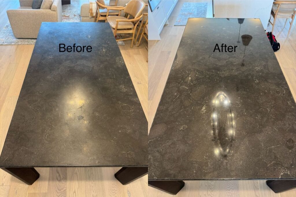 Black marble table cleaning and polishing results in Las Colinas Irving TX